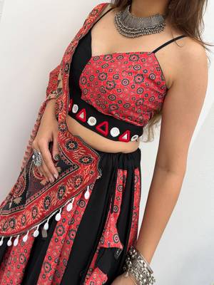 Coral & Black Rayon Readymade Navratri Lehenga Choli with Embroidery & Mirror Work 2