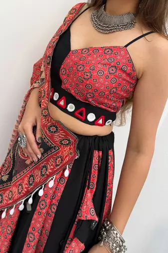 Coral & Black Rayon Readymade Navratri Lehenga Choli with Embroidery & Mirror Work