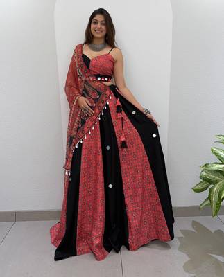 Coral & Black Rayon Readymade Navratri Lehenga Choli with Embroidery & Mirror Work 3