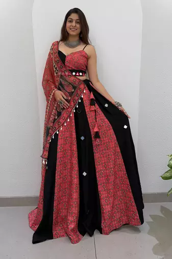 Coral & Black Rayon Readymade Navratri Lehenga Choli with Embroidery & Mirror Work