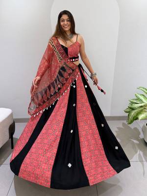 Coral & Black Rayon Readymade Navratri Lehenga Choli with Embroidery & Mirror Work 4