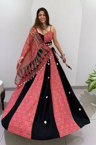 Coral & Black Rayon Readymade Navratri Lehenga Choli with Embroidery & Mirror Work