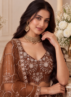 Brown Color Zari Embroidery,Sequins And Beads Work Net Lehenga Choli 2