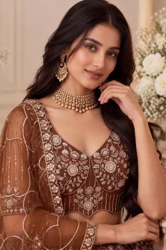 Brown Color Zari Embroidery,Sequins And Beads Work Net Lehenga Choli
