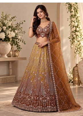 Brown Color Zari Embroidery,Sequins And Beads Work Net Lehenga Choli 1