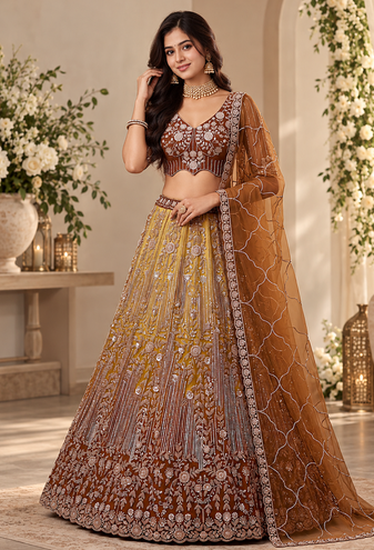 Brown Color Zari Embroidery,Sequins And Beads Work Net Lehenga Choli