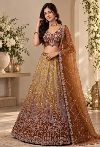 Brown Color Zari Embroidery,Sequins And Beads Work Net Lehenga Choli
