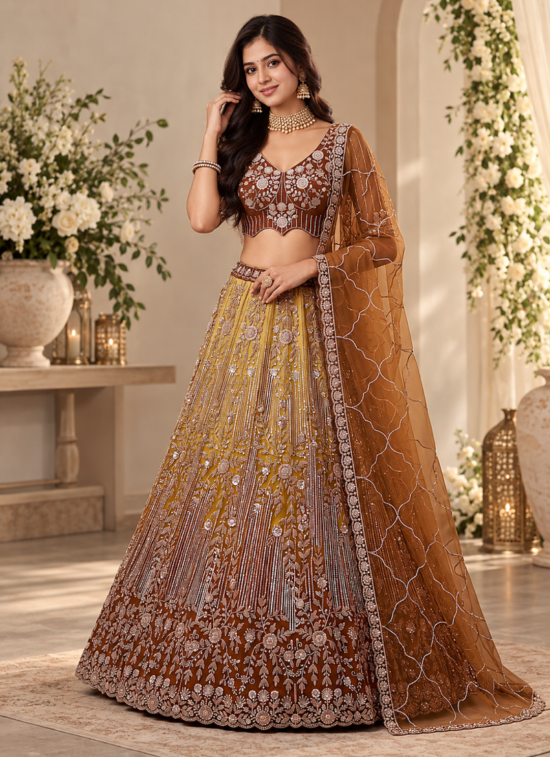 Brown Color Zari Embroidery,Sequins And Beads Work Net Lehenga Choli