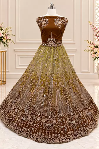 Brown Color Zari Embroidery,Sequins And Beads Work Net Lehenga Choli