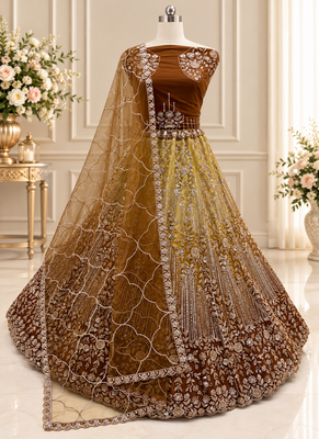 Brown Color Zari Embroidery,Sequins And Beads Work Net Lehenga Choli 4