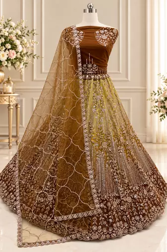 Brown Color Zari Embroidery,Sequins And Beads Work Net Lehenga Choli