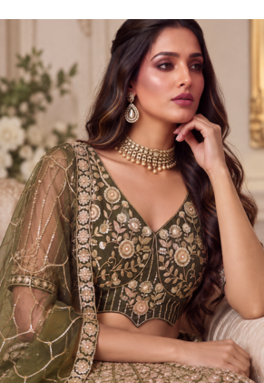 Olive Color Zari Embroidery,Sequins And Beads Work Net Lehenga Choli 2