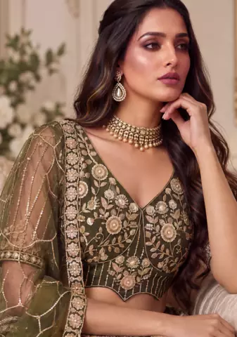 Olive Color Zari Embroidery,Sequins And Beads Work Net Lehenga Choli