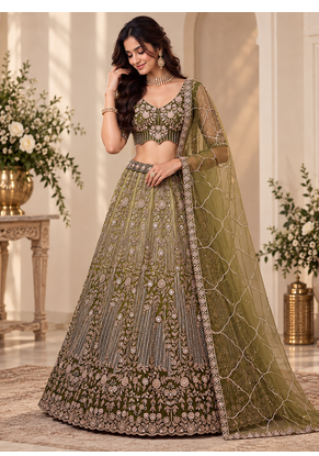 Olive Color Zari Embroidery,Sequins And Beads Work Net Lehenga Choli 1