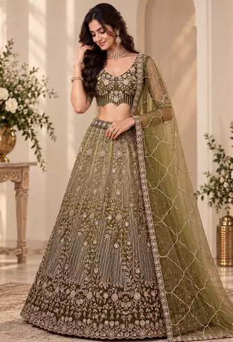 Olive Color Zari Embroidery,Sequins And Beads Work Net Lehenga Choli