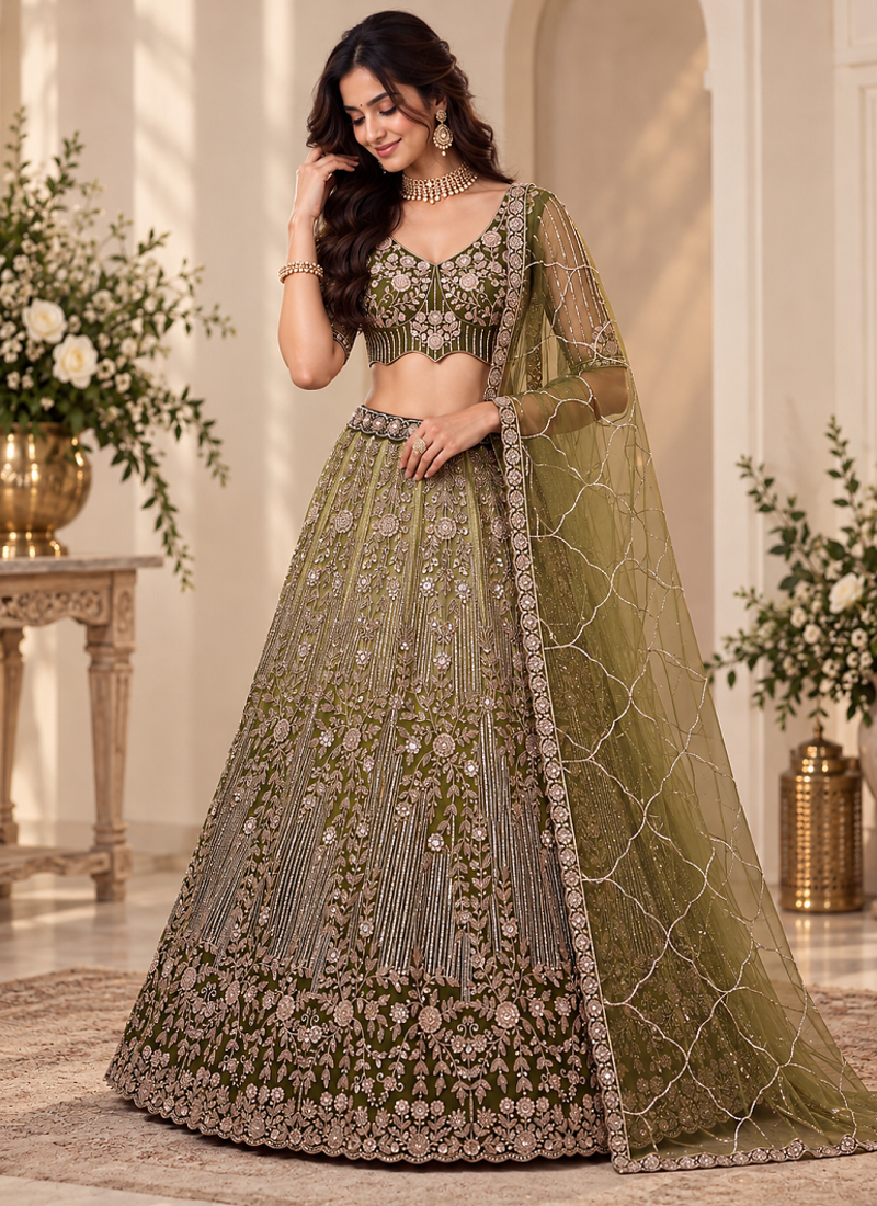 Olive Color Zari Embroidery,Sequins And Beads Work Net Lehenga Choli