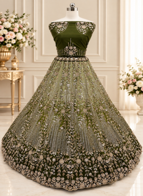 Olive Color Zari Embroidery,Sequins And Beads Work Net Lehenga Choli 3