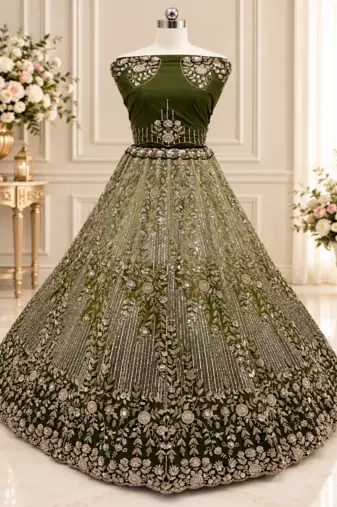 Olive Color Zari Embroidery,Sequins And Beads Work Net Lehenga Choli