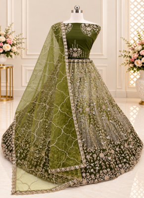 Olive Color Zari Embroidery,Sequins And Beads Work Net Lehenga Choli 4