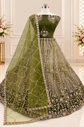 Olive Color Zari Embroidery,Sequins And Beads Work Net Lehenga Choli