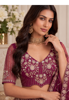 Plum Color Zari Embroidery,Sequins And Beads Work Net Lehenga Choli 2