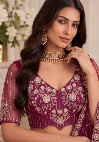 Plum Color Zari Embroidery,Sequins And Beads Work Net Lehenga Choli