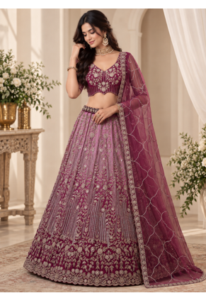 Plum Color Zari Embroidery,Sequins And Beads Work Net Lehenga Choli 1