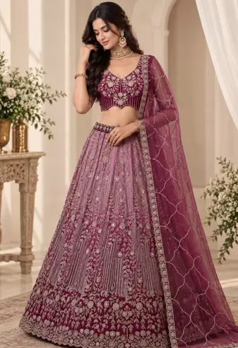 Plum Color Zari Embroidery,Sequins And Beads Work Net Lehenga Choli