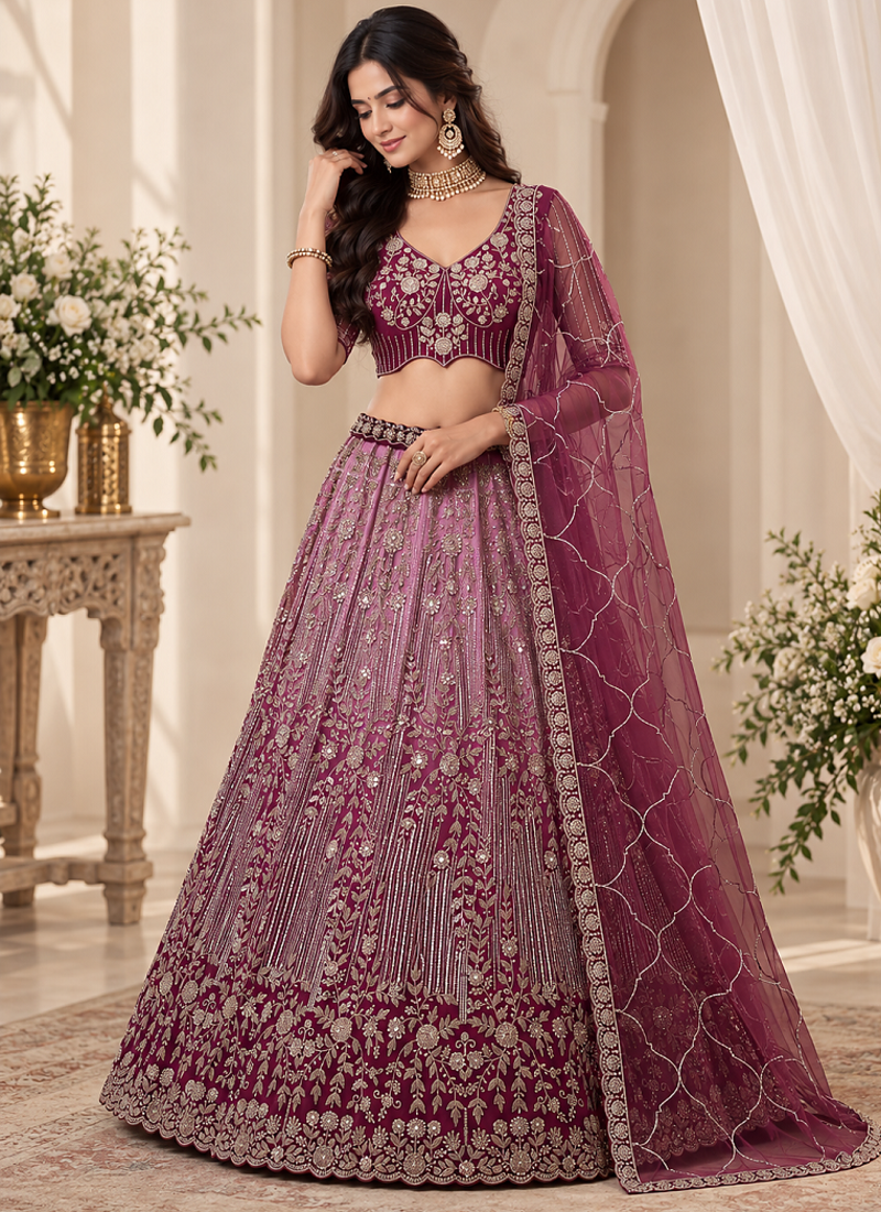 Plum Color Zari Embroidery,Sequins And Beads Work Net Lehenga Choli