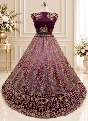 Plum Color Zari Embroidery,Sequins And Beads Work Net Lehenga Choli 3