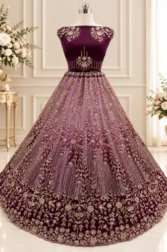 Plum Color Zari Embroidery,Sequins And Beads Work Net Lehenga Choli