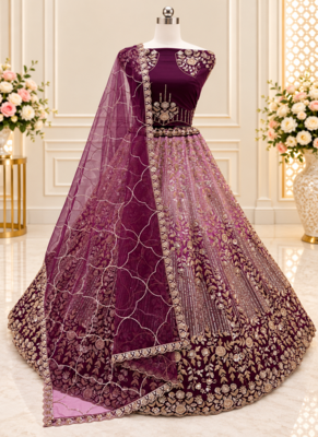 Plum Color Zari Embroidery,Sequins And Beads Work Net Lehenga Choli 4