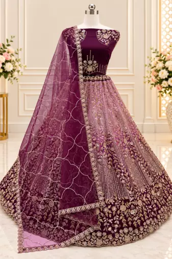 Plum Color Zari Embroidery,Sequins And Beads Work Net Lehenga Choli