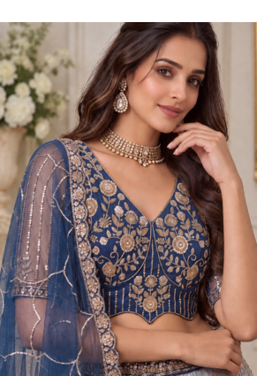 Teal Color Zari Embroidery,Sequins And Beads Work Net Lehenga Choli 2