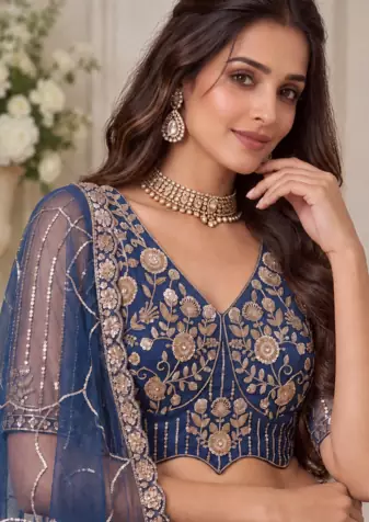 Teal Color Zari Embroidery,Sequins And Beads Work Net Lehenga Choli