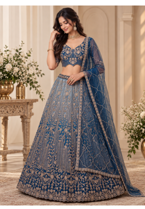 Teal Color Zari Embroidery,Sequins And Beads Work Net Lehenga Choli 1
