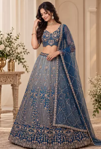Teal Color Zari Embroidery,Sequins And Beads Work Net Lehenga Choli