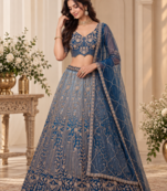 Teal Color Zari Embroidery,Sequins And Beads Work Net Lehenga Choli
