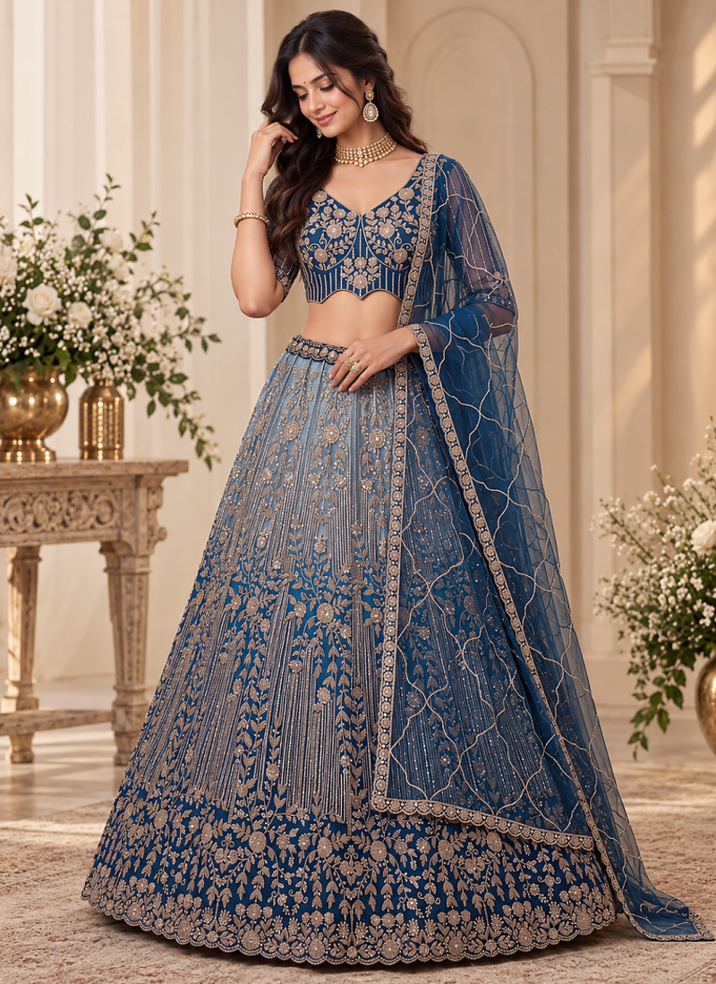 Teal Color Zari Embroidery,Sequins And Beads Work Net Lehenga Choli