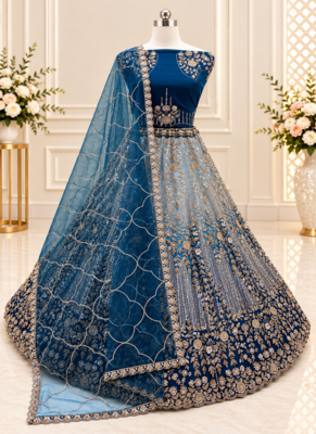 Teal Color Zari Embroidery,Sequins And Beads Work Net Lehenga Choli 4
