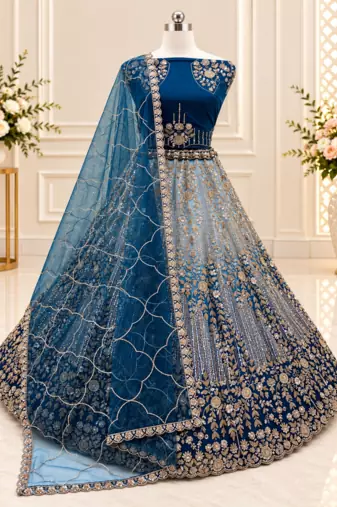 Teal Color Zari Embroidery,Sequins And Beads Work Net Lehenga Choli