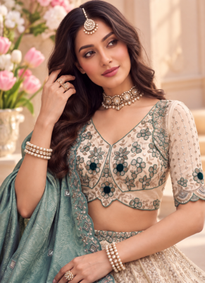 Light Cream Color Thread,Sequins And Beads Work Silk_Blend Lehenga Choli 2