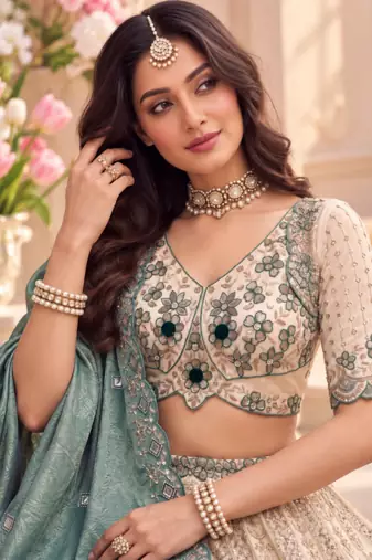 Light Cream Color Thread,Sequins And Beads Work Silk_Blend Lehenga Choli