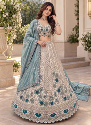 Light Cream Color Thread,Sequins And Beads Work Silk_Blend Lehenga Choli 1