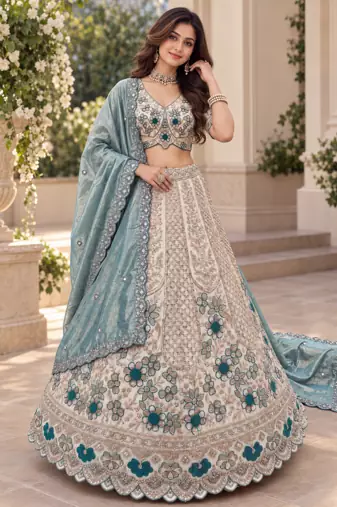 Light Cream Color Thread,Sequins And Beads Work Silk_Blend Lehenga Choli