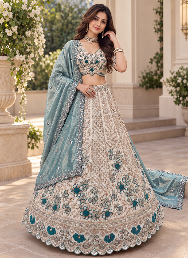 Light Cream Color Thread,Sequins And Beads Work Silk_Blend Lehenga Choli