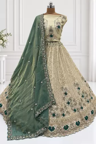 Light Cream Color Thread,Sequins And Beads Work Silk_Blend Lehenga Choli