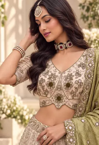 Light Cream Color Thread,Sequins And Beads Work Silk_Blend Lehenga Choli