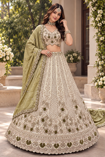 Light Cream Color Thread,Sequins And Beads Work Silk_Blend Lehenga Choli