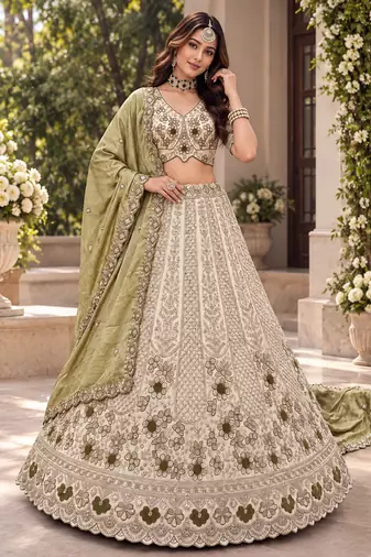 Light Cream Color Thread,Sequins And Beads Work Silk_Blend Lehenga Choli